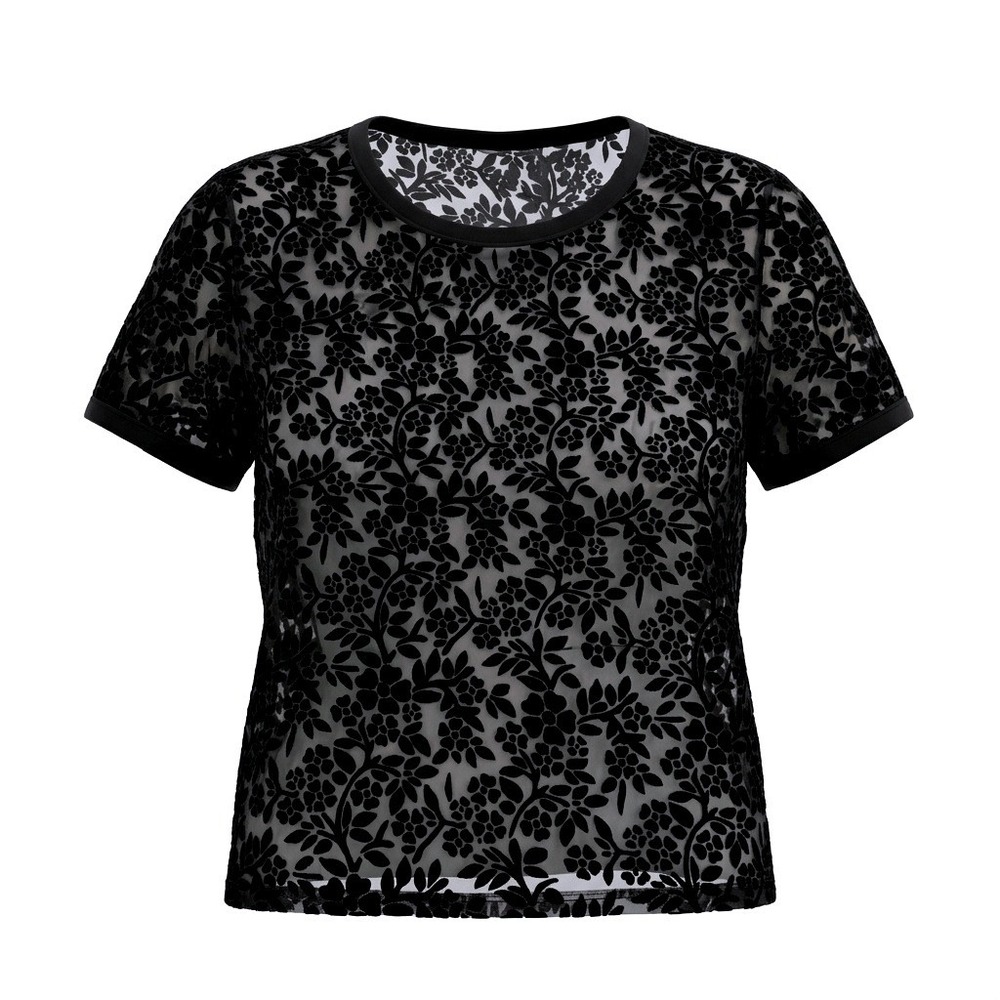 Lucky Brand M Black Floral Velvet Burnout Flocked Sheer Short Sleeve Top Boho